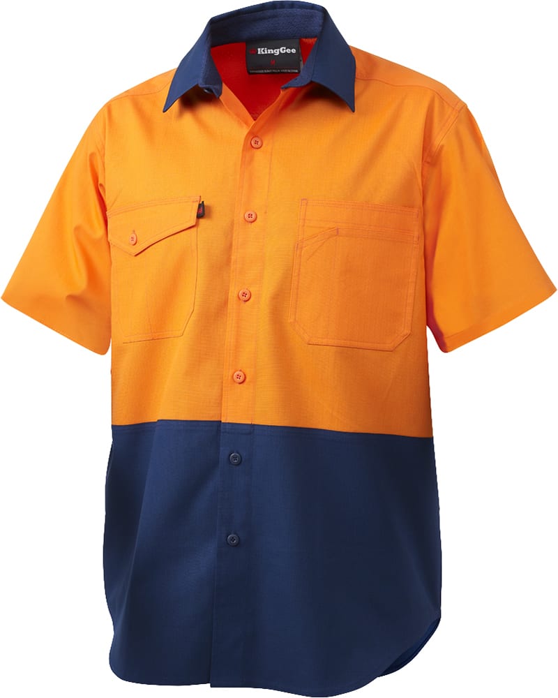 KingGee, Hi Vis Cotton Ripstop Shirt, K54875 - Orange/Navy (Size: 2XL)