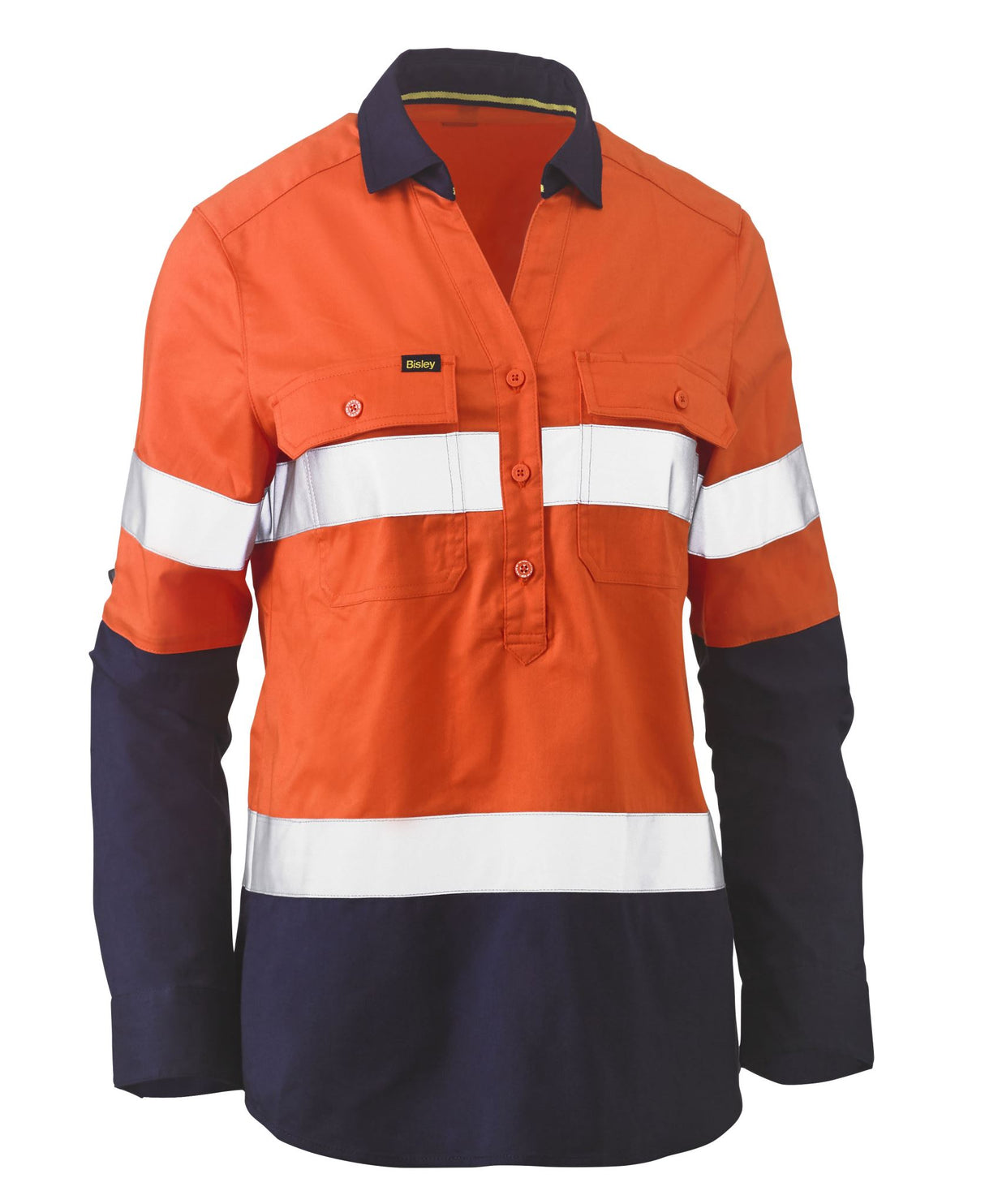 Bisley, Women's Hi Vis Stretch V-Neck Shirt - Orange/Navy - 20
