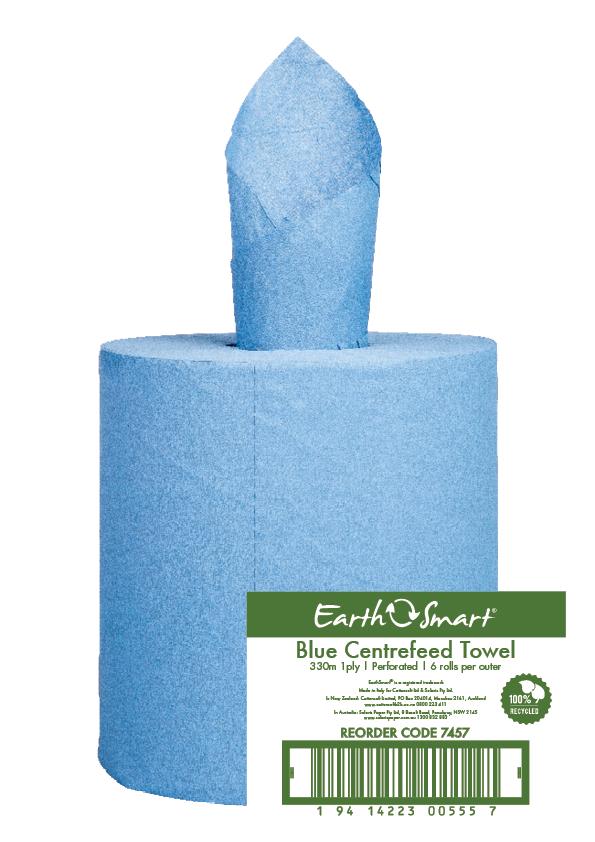 EarthSmart Recycled Centrefeed Paper Towel Blue 330m per roll (Case of 6 Rolls)