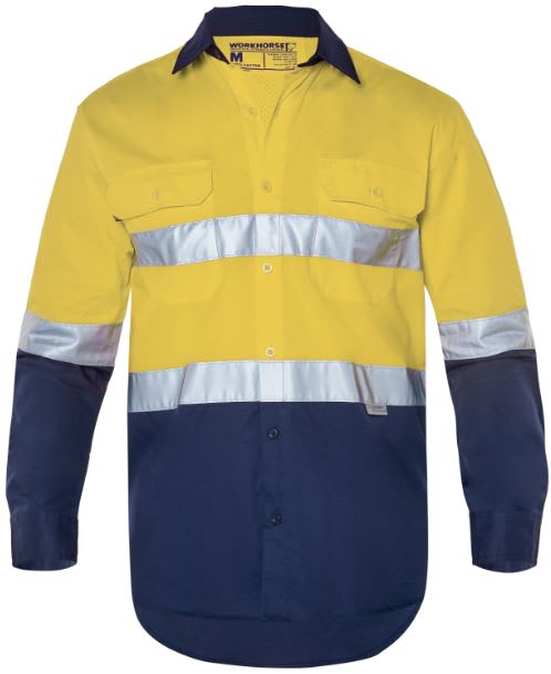 Workhorse, Hi Vis Cotton Lightweight Shirt, MSH001 - Fluro Yel/Navy - XL