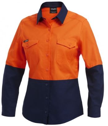 KingGee, Women's Hi Vis Ripstop Shirt, K44543 - Orange/Navy - 18