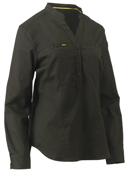Bisley, Women's Stretch V-Neck Closed Front Shirt (Each) - Olive - Size: 6