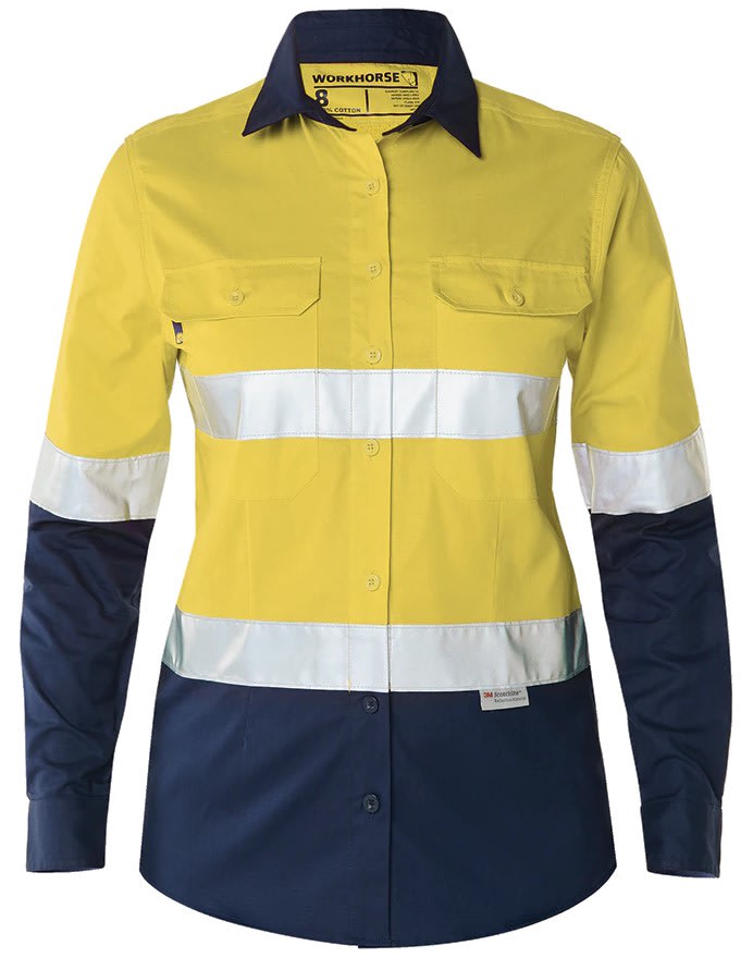 Workhorse, Women's Hi Vis Ripstop Shirt, WSH061 - Yellow/Navy (Size: 12)