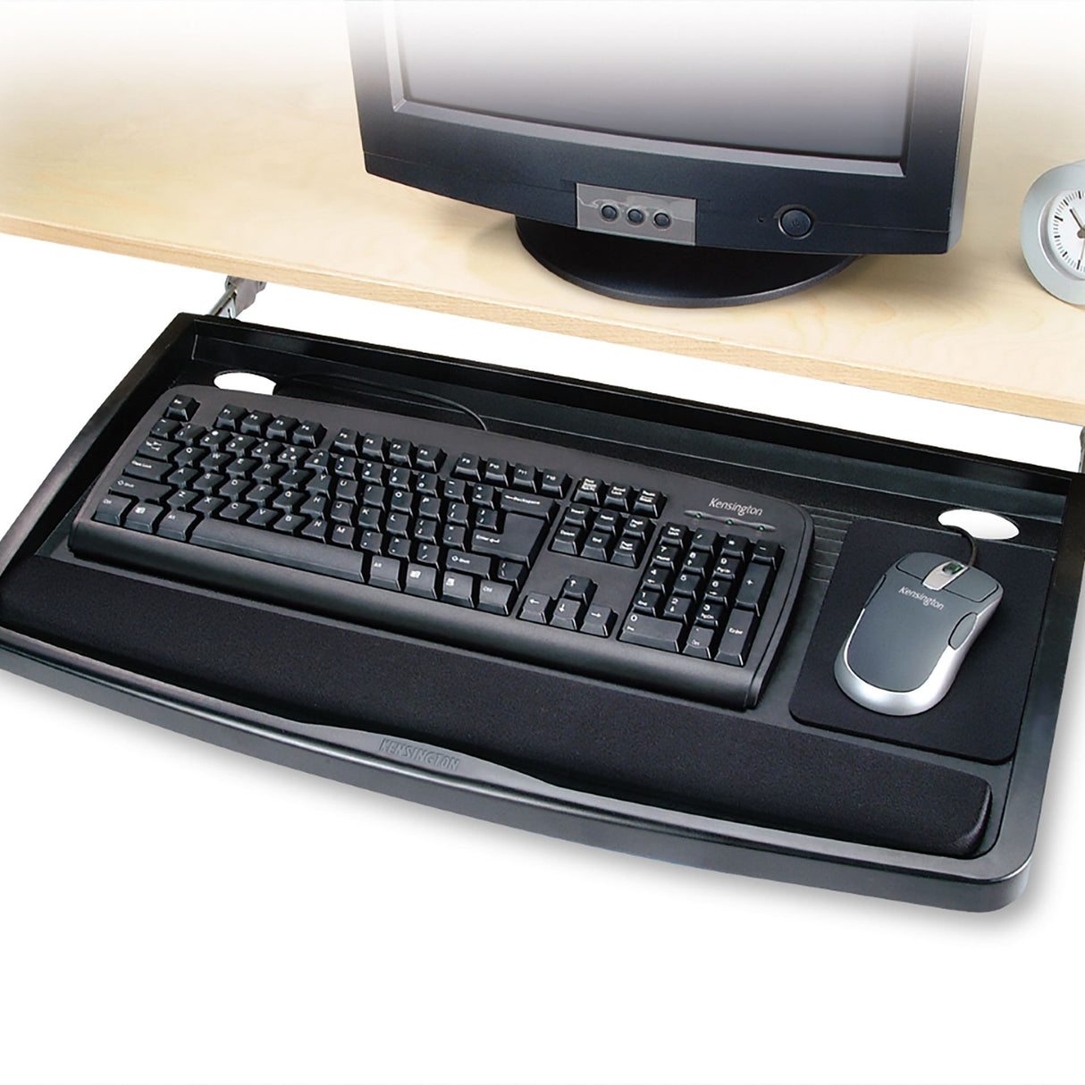 Kensington Keyboard Platform SmartFit Underdesk with adjustable height, spacious tray for keyboard and mouse, and cable management.