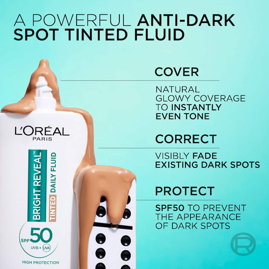 L'oreal Bright Reveal Face Moisturiser Tinted Spf 50 Fluid Medium 50mL
