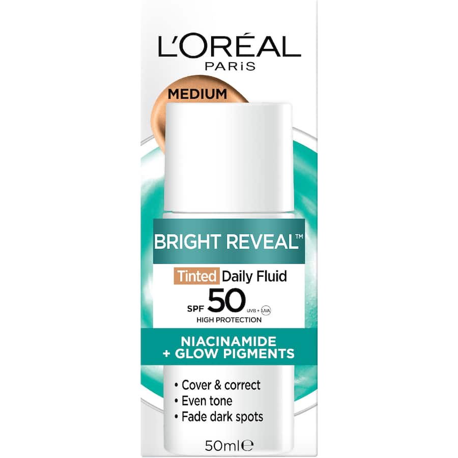 L'oreal Bright Reveal Face Moisturiser Tinted Spf 50 Fluid Medium 50mL