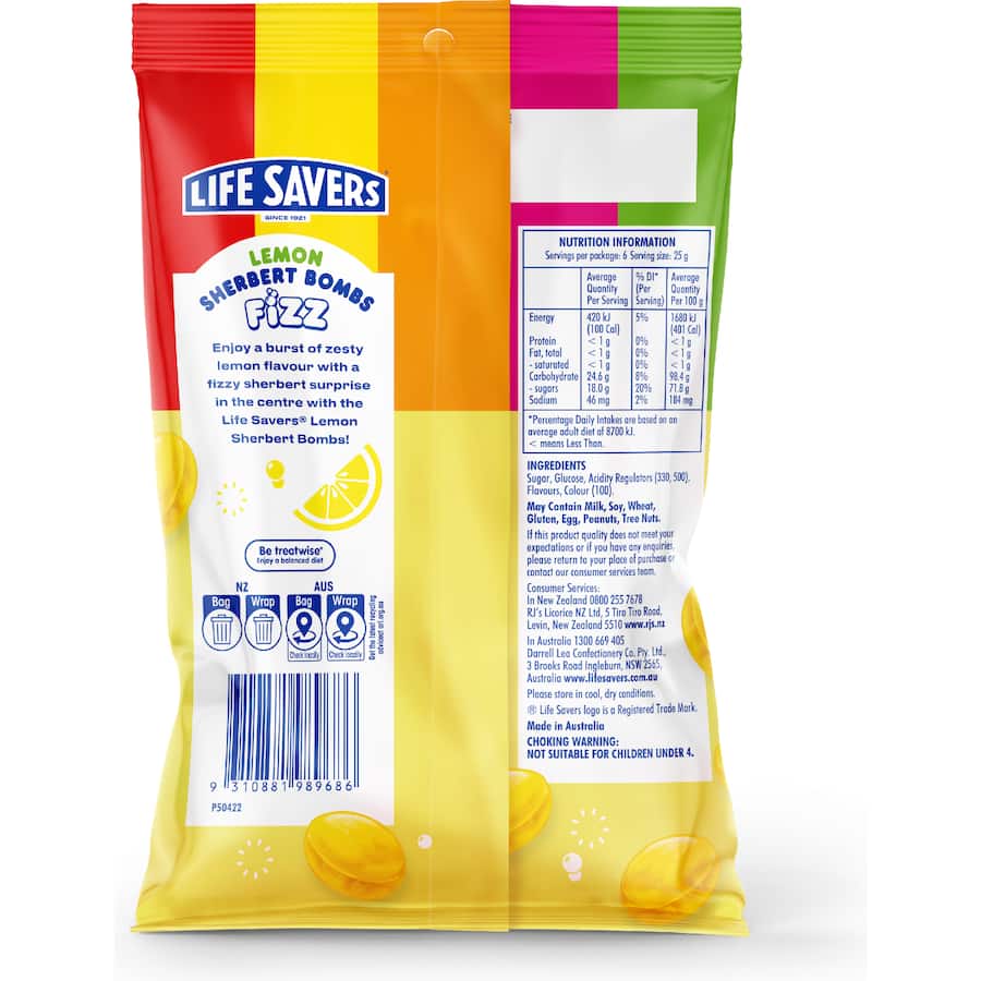 Life Savers Sweets Lemon Sherbert Bombs Fizz 150g
