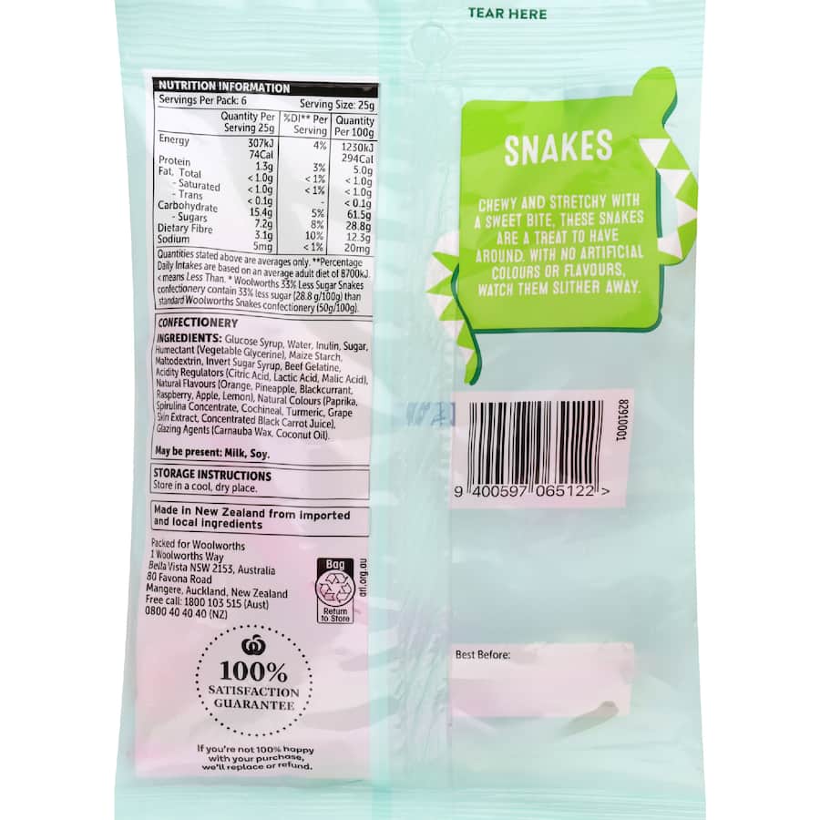 Woolworths Sweets Snakes 33% Reduced Sugar 150g