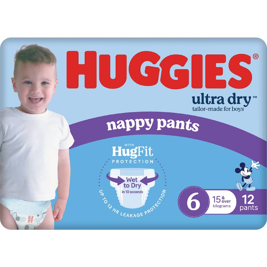 Huggies Ultra Dry Nappy Pants Junior Boys 15kg+ Size 6 12pack