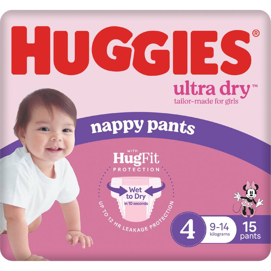 Huggies Ultra Dry Nappy Pants Toddler Girls 9-14kg Size 4 15pack