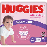 Huggies Ultra Dry Nappy Pants Toddler Girls 9-14kg Size 4 15pack