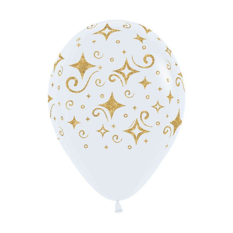 Pack of 12 Sempertex golden diamonds fashion white latex balloons (30cm), ideal for elegant celebrations and event decor.