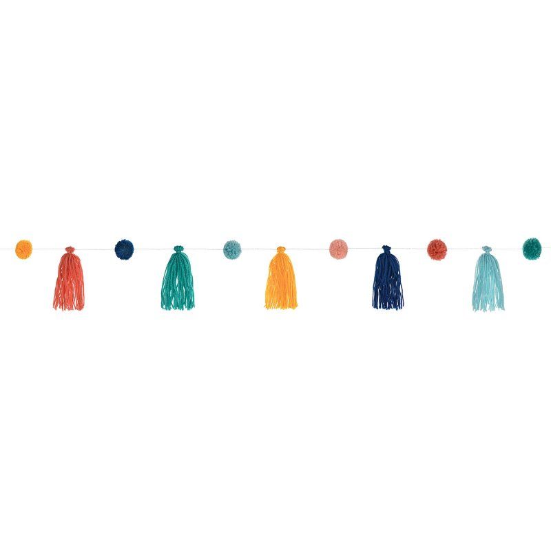 Colorful boho string garland with tassels and pom poms, 3.29m long, ideal for party decor and home styling.