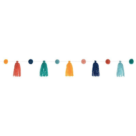 Colorful boho string garland with tassels and pom poms, 3.29m long, ideal for party decor and home styling.