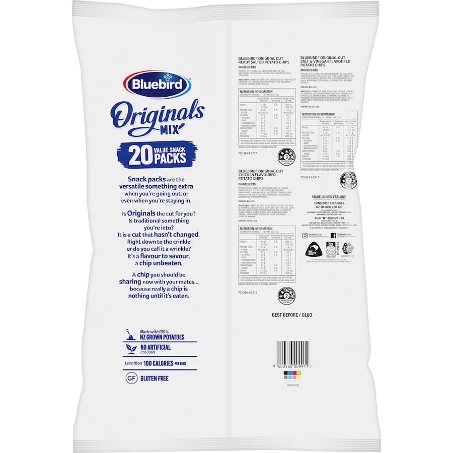 Bluebird Originals Mix Potato Chips Multipack Ready Salted, S&v, Chicken 20 pack 360g