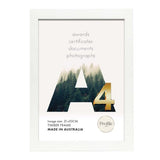 Elegant white A4 picture frame, made of solid wood, with a matte finish and genuine glass, perfect for showcasing your artwork.