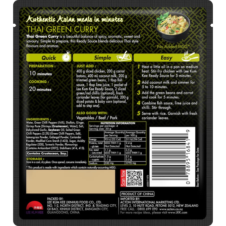 Lee Kum Kee Ready Sauce Thai Green Curry - Sachet 120g