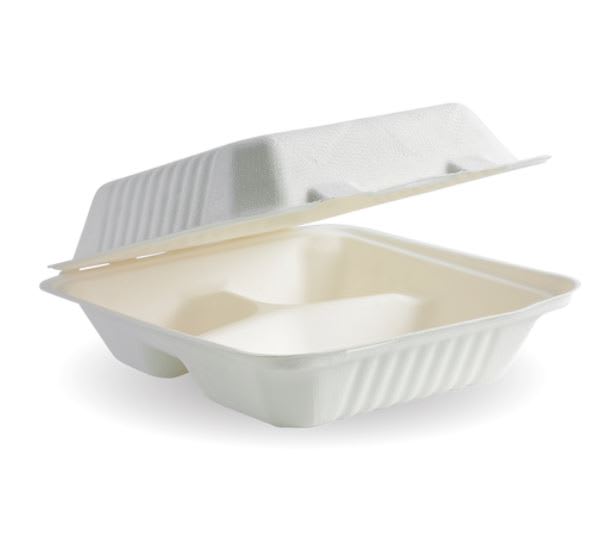 BioPak 3 Compartment White Plant Fibre Clamshell 20x22x8cm 100 (Pack)