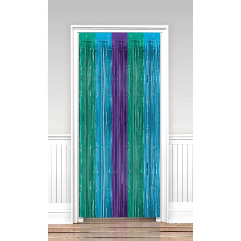 Sparkling Sapphire Metallic Door Curtain, 91cm x 2.43m, enhances decor while blocking drafts and noise. Elegant and easy to install.