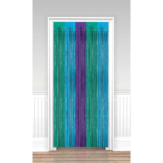 Sparkling Sapphire Metallic Door Curtain, 91cm x 2.43m, enhances decor while blocking drafts and noise. Elegant and easy to install.