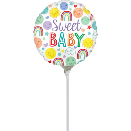 22cm foil balloon featuring sweet baby icons, perfect for baby showers and celebrations, adds cheerful decor.