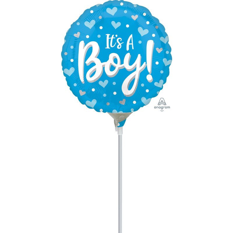 Foil balloon featuring 'It's A Boy' design with hearts and dots, perfect for baby showers and gender reveals, measures 22cm.