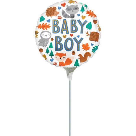 Foil Balloon featuring whimsical woodland designs for a baby boy, ideal for showers and celebrations, 22cm size.