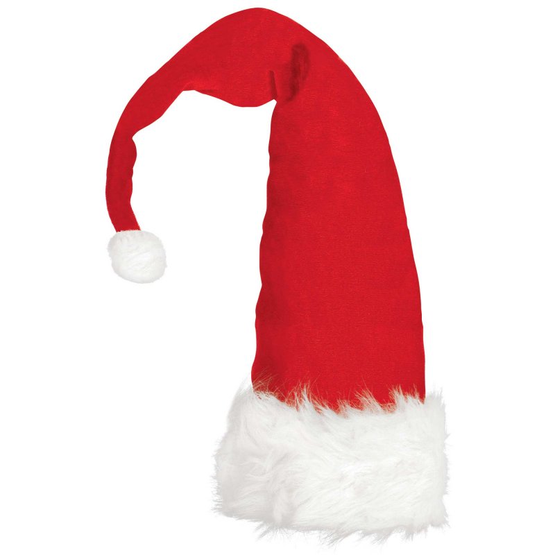 Oversized red Santa hat with white fur trim, 87cm tall, includes wire support and pom-pom for festive celebrations.