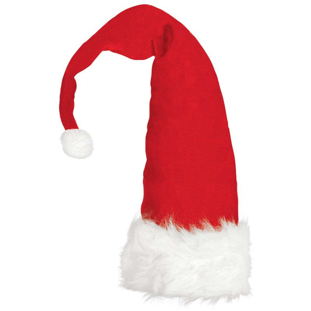 Oversized red Santa hat with white fur trim, 87cm tall, includes wire support and pom-pom for festive celebrations.