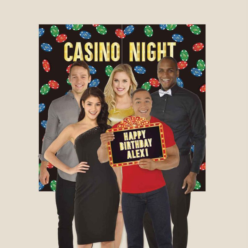 Casino night backdrop kit with vibrant visuals, cutouts, and stickers for festive events and photo opportunities.