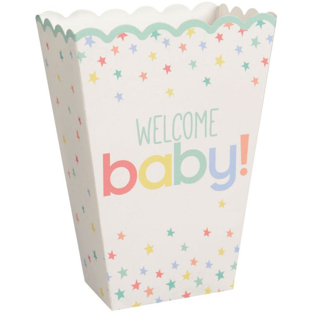 Pack of 20 neutral popcorn boxes for baby showers, perfect for snacks and treats in a charming design.