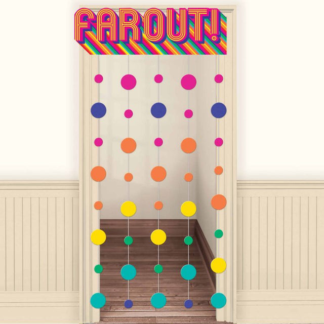 Good Vibes 70's Door Curtain featuring retro patterns and vibrant colors, perfect for adding charm and privacy to any doorway.