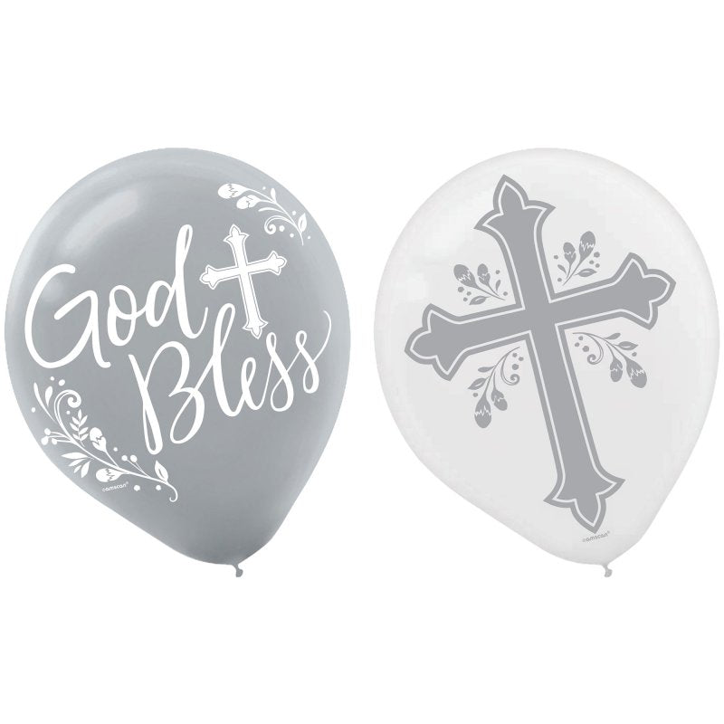 Vibrant 12-inch Holy Day God Bless latex balloons in a pack of 15, perfect for religious celebrations and events.