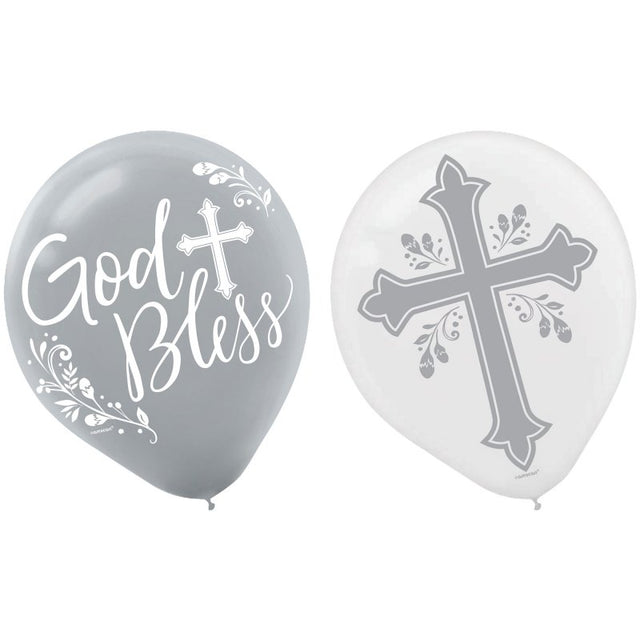 Vibrant 12-inch Holy Day God Bless latex balloons in a pack of 15, perfect for religious celebrations and events.