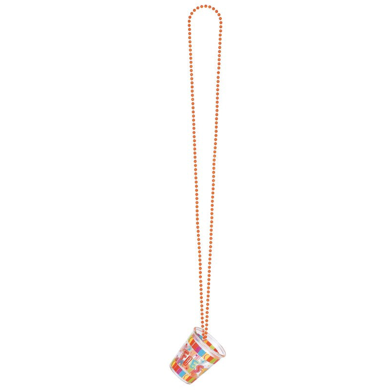 Vibrant 50cm chain necklace with colorful fiesta beads and mini shot glasses, perfect for festive celebrations.