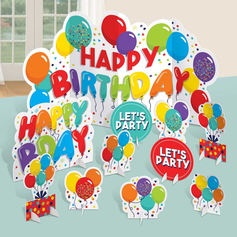 Vibrant Table Centrepiece Kit for birthdays featuring 11 colorful decorations in various sizes, perfect for festive celebrations.