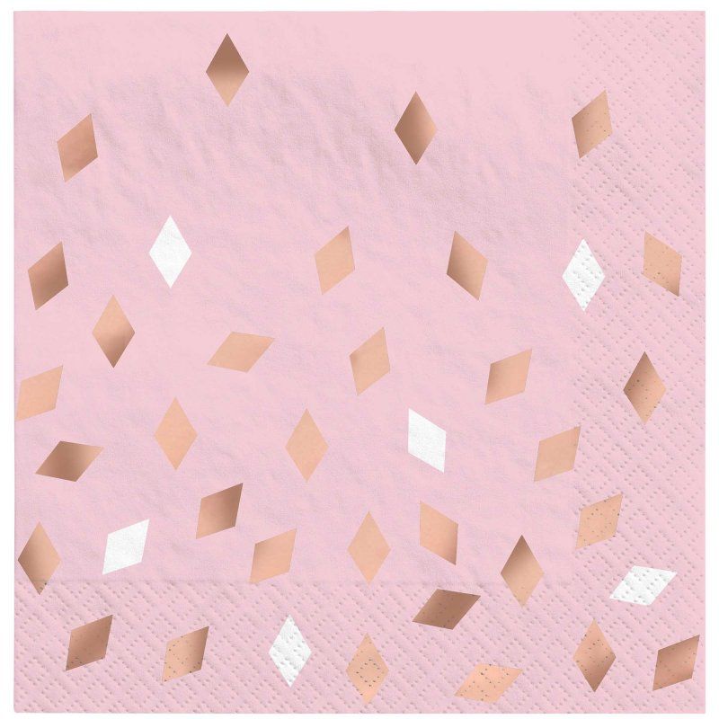 Pack of 16 blush pink hot-stamped lunch napkins, perfect for birthday parties and elegant celebrations.