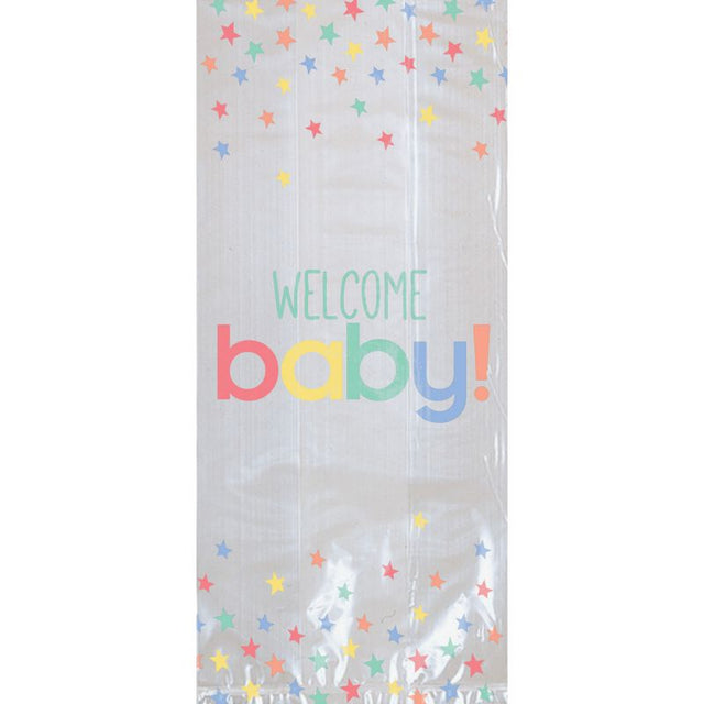 Pack of 20 pastel cello bags for baby showers, featuring baby-themed prints and twist ties for secure closures.