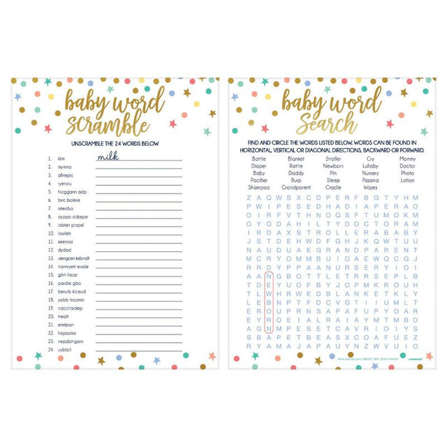 Pack of 24 Baby Shower 2 In 1 Word Games, featuring Baby Word Scramble and Word Search on double-sided cards.
