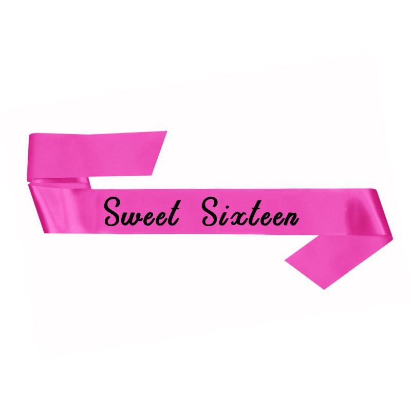 Elegant pink fabric sash for Sweet Sixteen celebrations, measuring 76cm, featuring 'Sweet Sixteen' text.