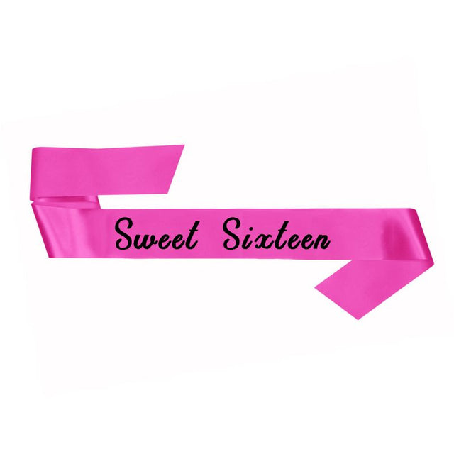Elegant pink fabric sash for Sweet Sixteen celebrations, measuring 76cm, featuring 'Sweet Sixteen' text.