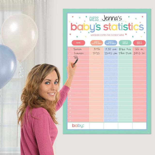 Colorful Baby Shower Statistics Chart (101cm) captures essential baby details, blending functionality and decoration.