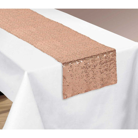 Luxurious rose gold sequin table runner, 33cm x 1.82m, perfect for elegant events and easy to clean.