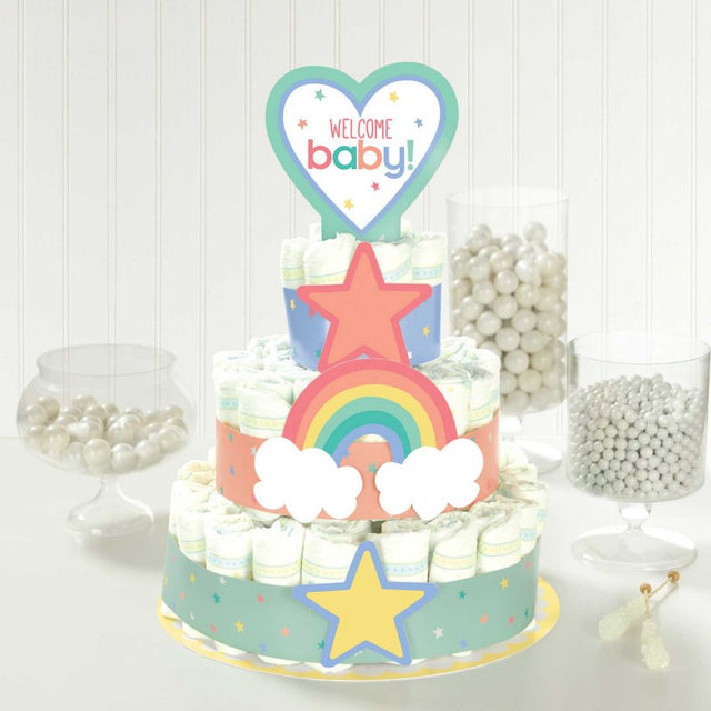 Neutral Baby Shower Cake Kit with cardboard base, strips, and cutouts for easy diaper cake decoration.
