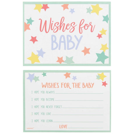 Pack of 24 baby shower wish cards, 8cm x 12cm, perfect for guests to write their well wishes for the new baby.
