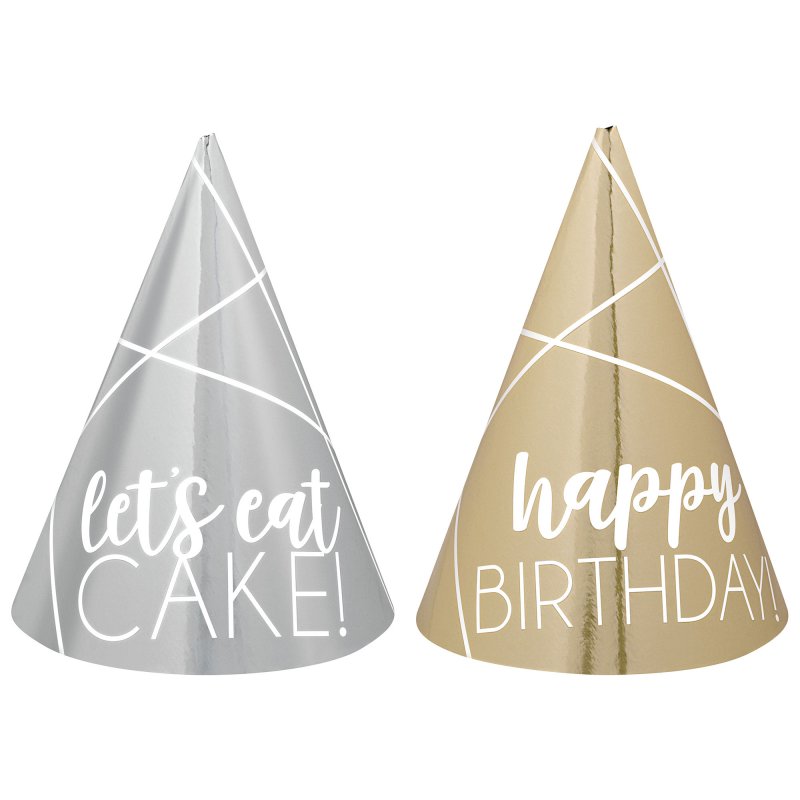 Pack of 12 mini cone party hats in gold and silver, each 10cm, perfect for birthday celebrations.
