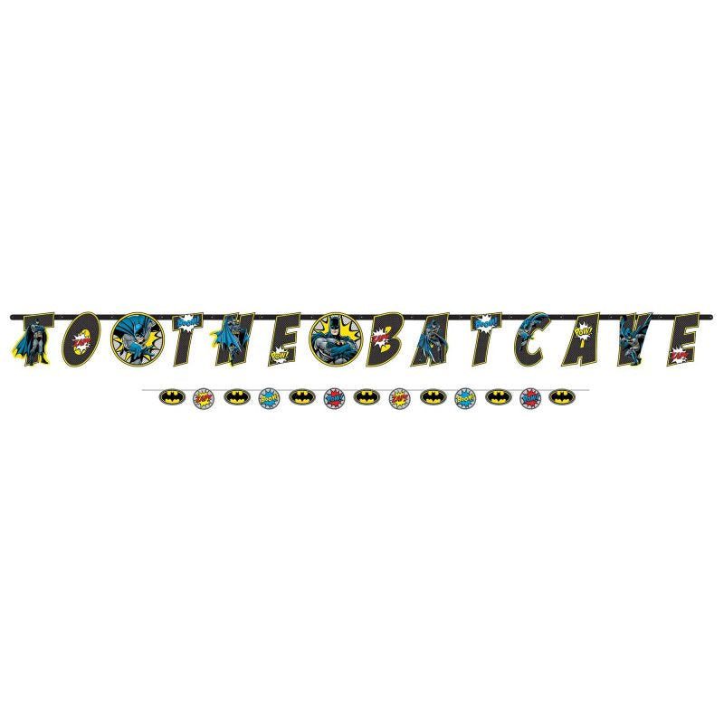 Jumbo Batman banners, vibrant designs for parties, featuring 1 x 25cm x 3.2m and 1 x 10cm x 1.8m sizes.