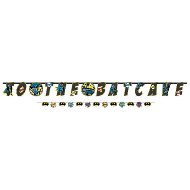 Jumbo Batman banners, vibrant designs for parties, featuring 1 x 25cm x 3.2m and 1 x 10cm x 1.8m sizes.