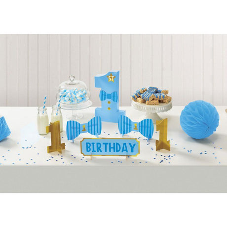 Vibrant 1st Birthday Boy Table Decorating Kit with colorful cardboard centerpieces in various sizes for a festive party.