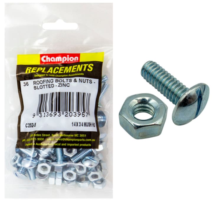 1/4 x 3/4 Mush Roofing Bolts & Nuts Zinc-36PK (Packet)